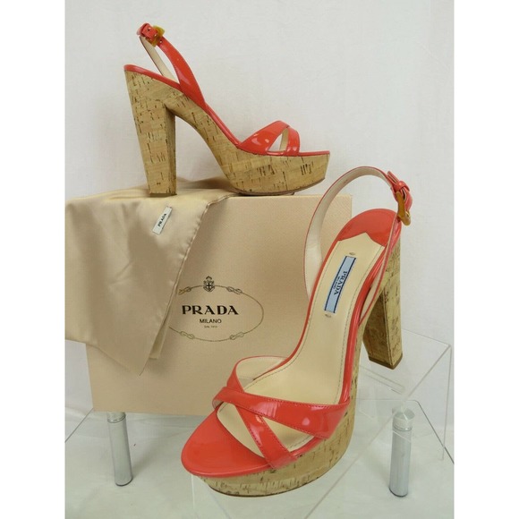 NIB PRADA 1Z648D CORAL PINK PATENT LEATHER SLINGBACK CORK SANDALS PUMPS 39.5 - Picture 2 of 12
